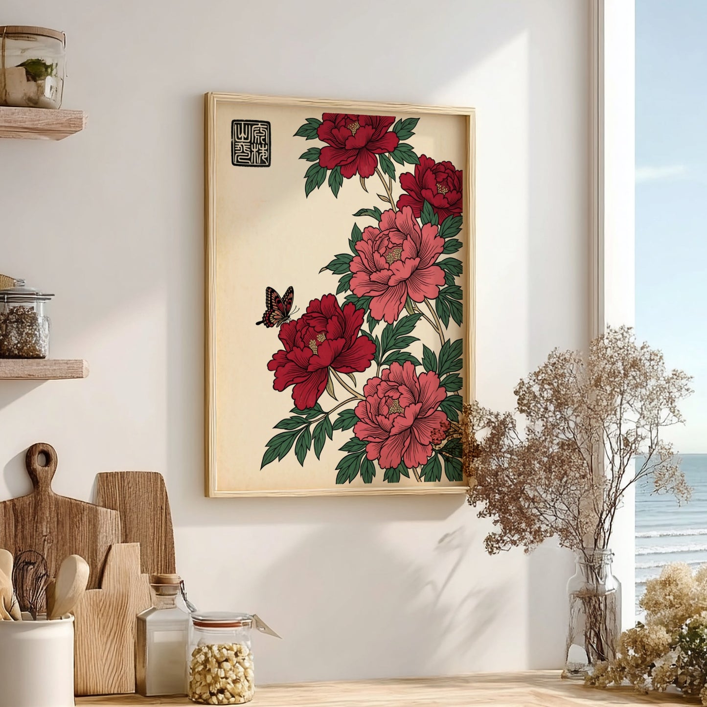 Japanese art style poster featuring red peonies and a butterfly