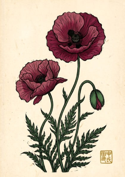 Japanese art style poster featuring red poppies and green foliage
