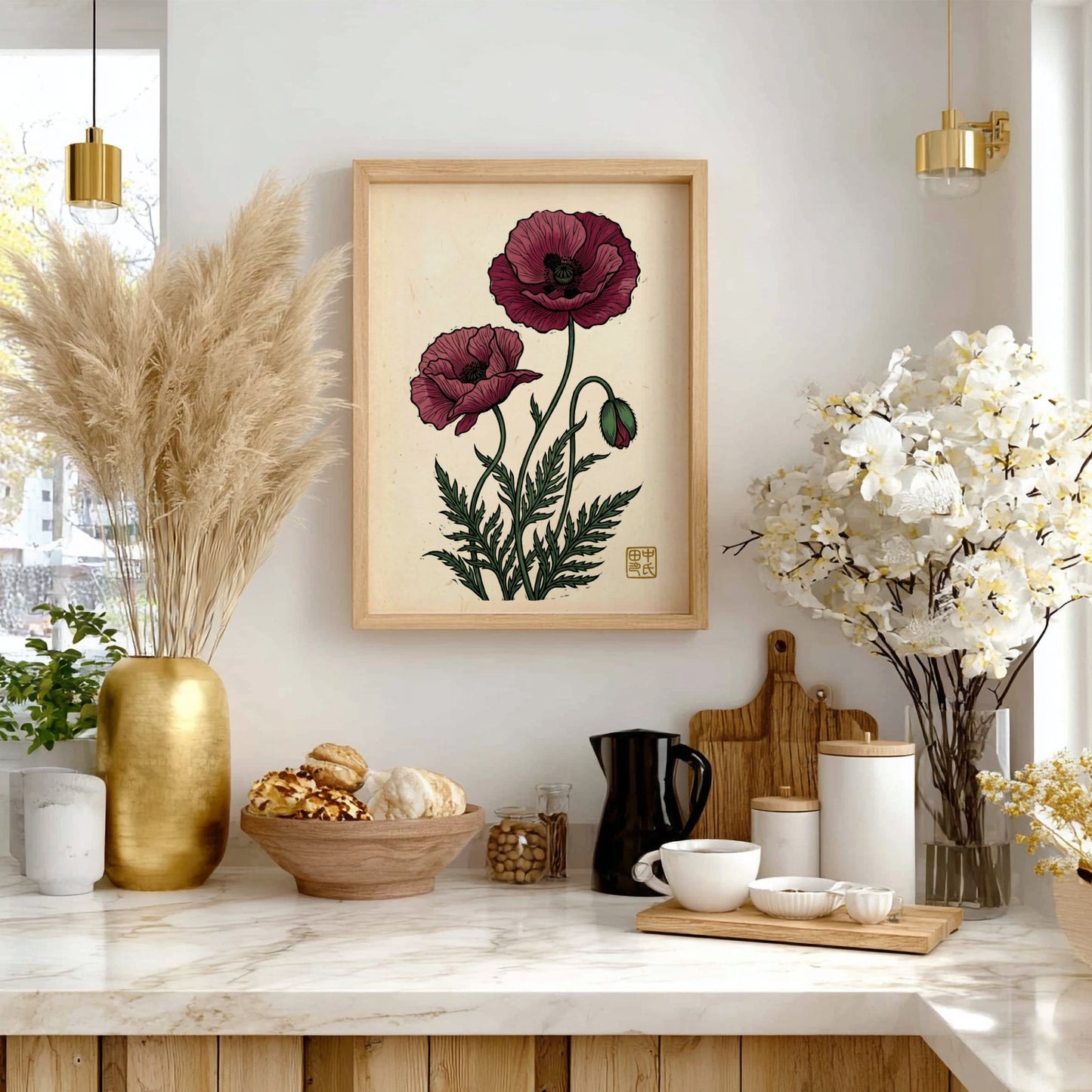 Japanese art style poster featuring red poppies and green foliage