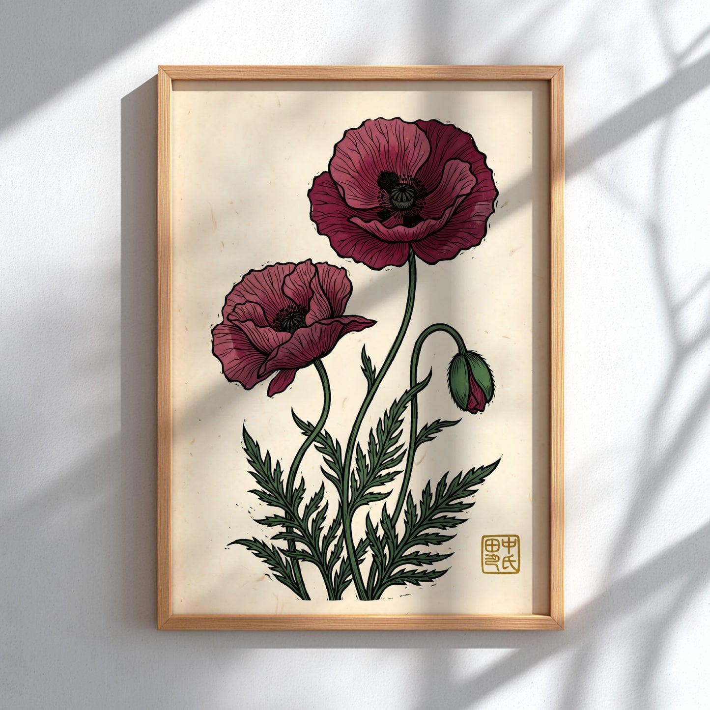 Japanese art style poster featuring red poppies and green foliage
