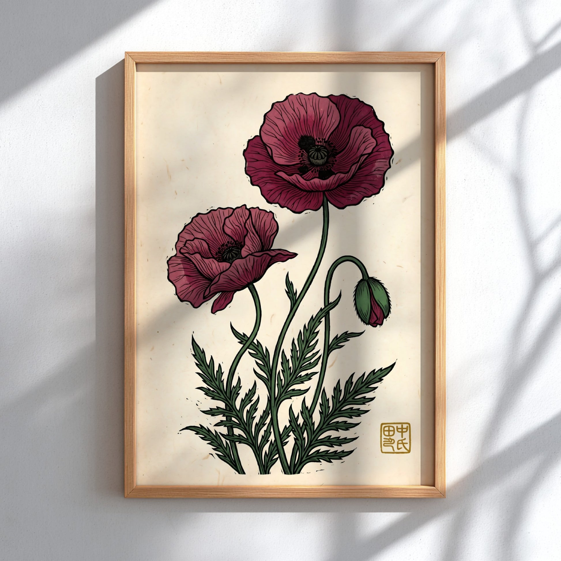 Japanese art style poster featuring red poppies and green foliage