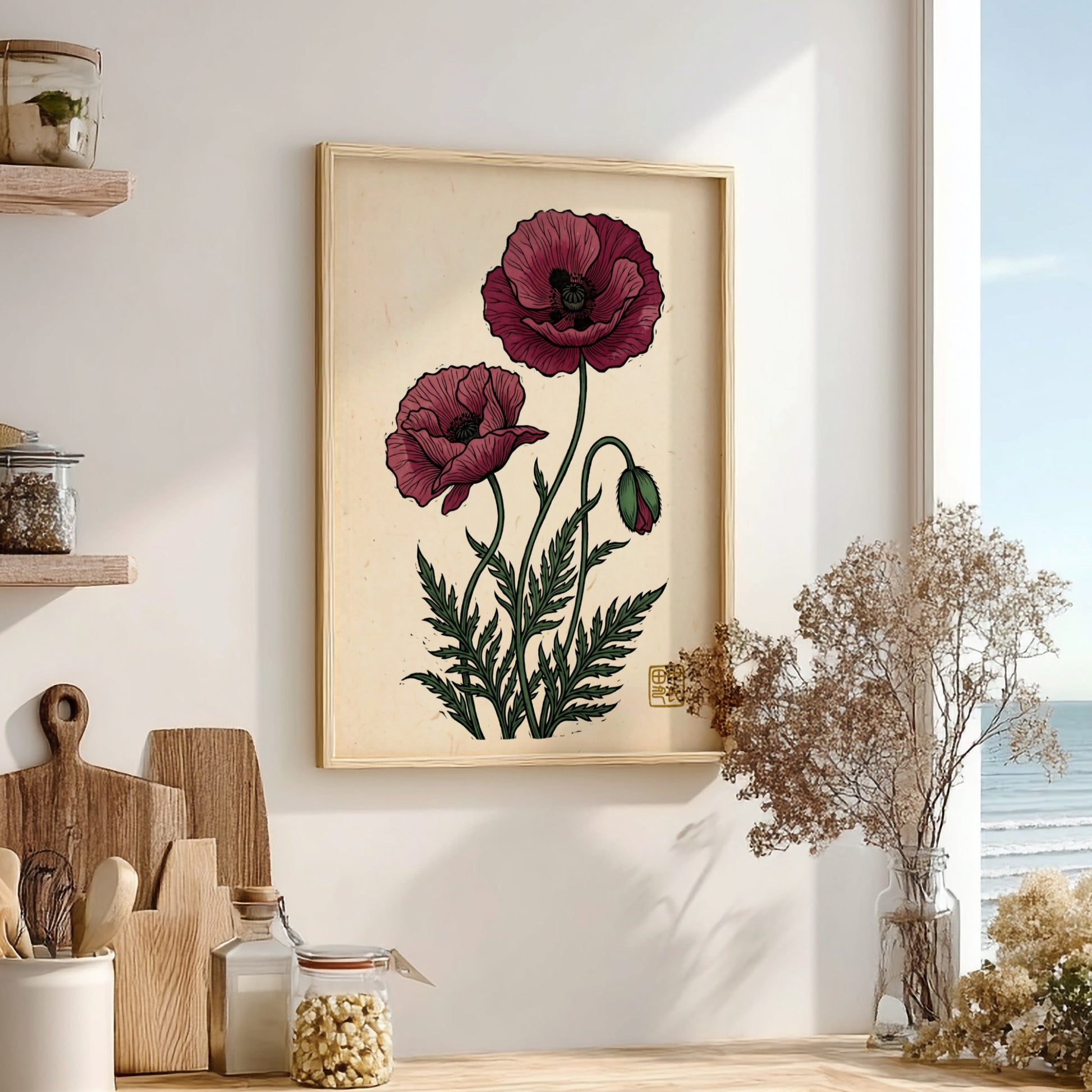 Japanese art style poster featuring red poppies and green foliage