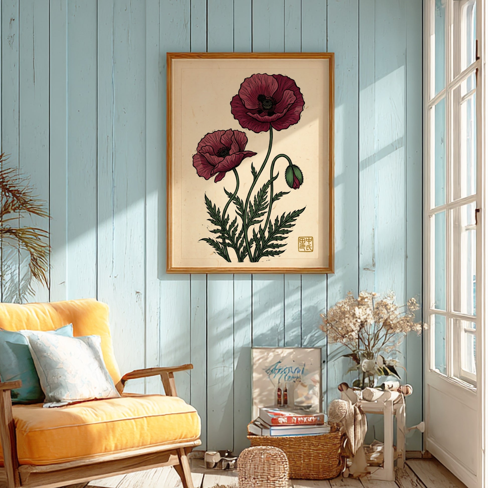 Japanese art style poster featuring red poppies and green foliage