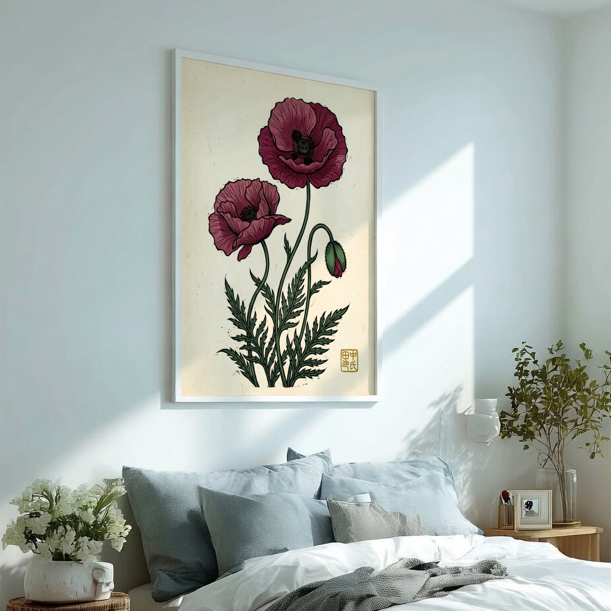 Japanese art style poster featuring red poppies and green foliage
