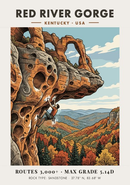 Poster featuring a climber on a sandstone archway at Red River Gorge Kentucky