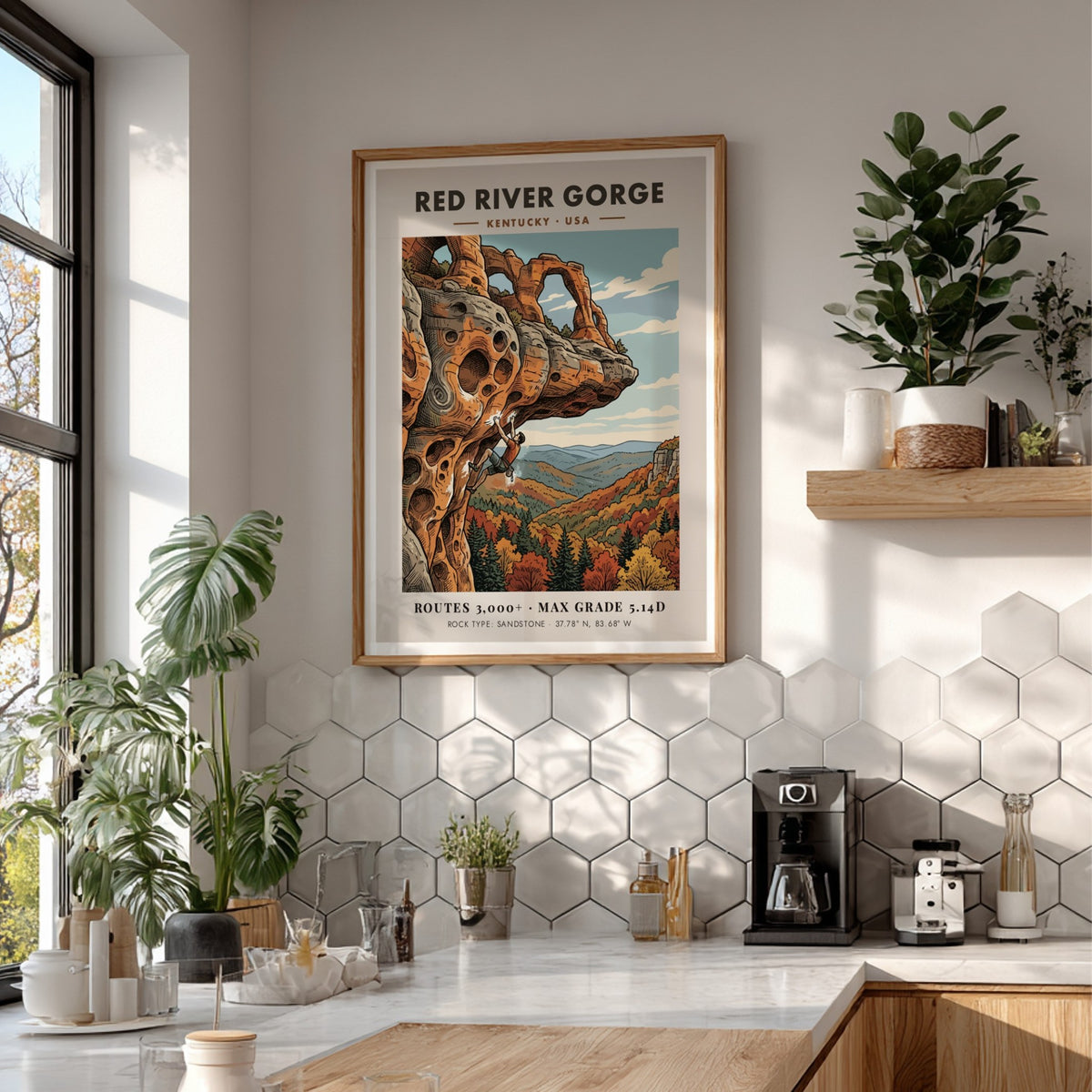 Poster featuring a climber on a sandstone archway at Red River Gorge Kentucky