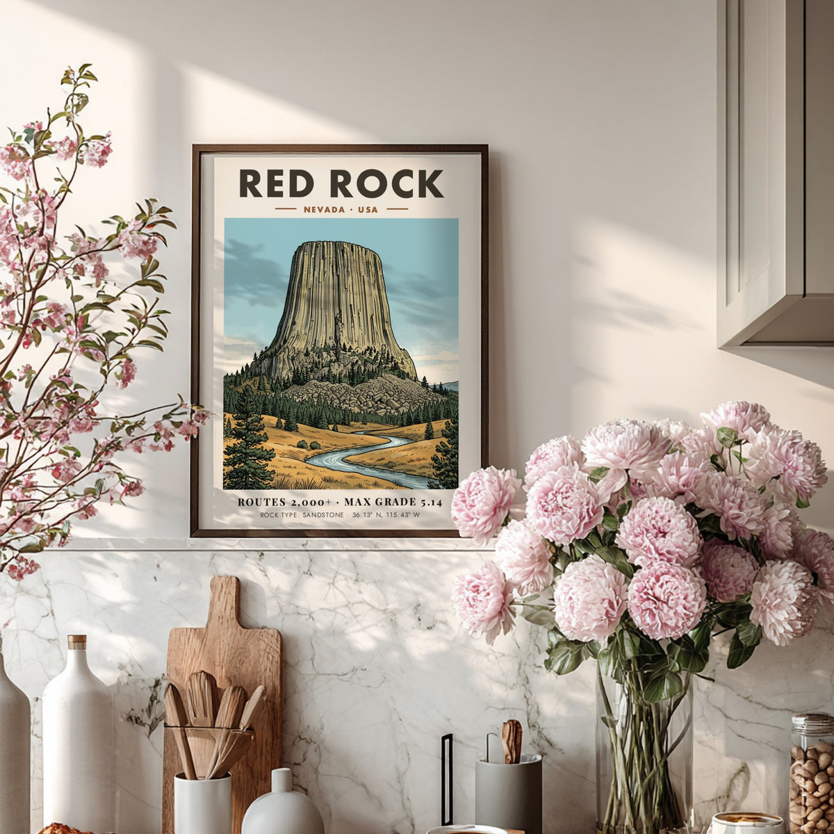 Poster of Red Rock Nevada featuring a massive sandstone monolith above a winding river.