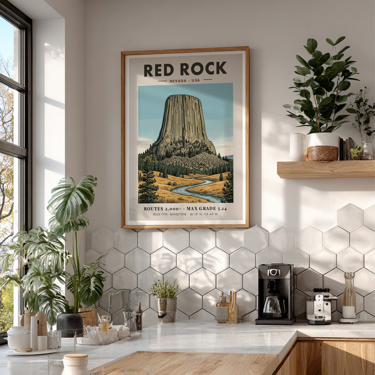 Poster of Red Rock Nevada featuring a massive sandstone monolith above a winding river.