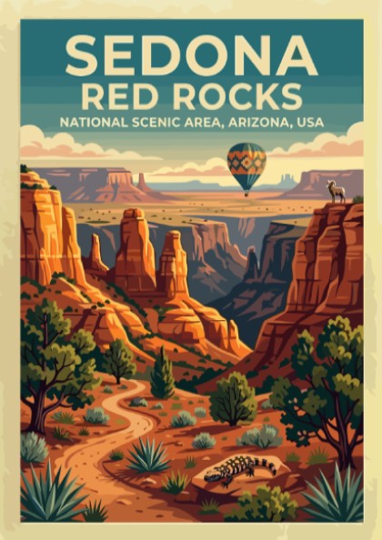 Travel poster featuring Sedona Red Rocks with a hot air balloon and desert landscape.