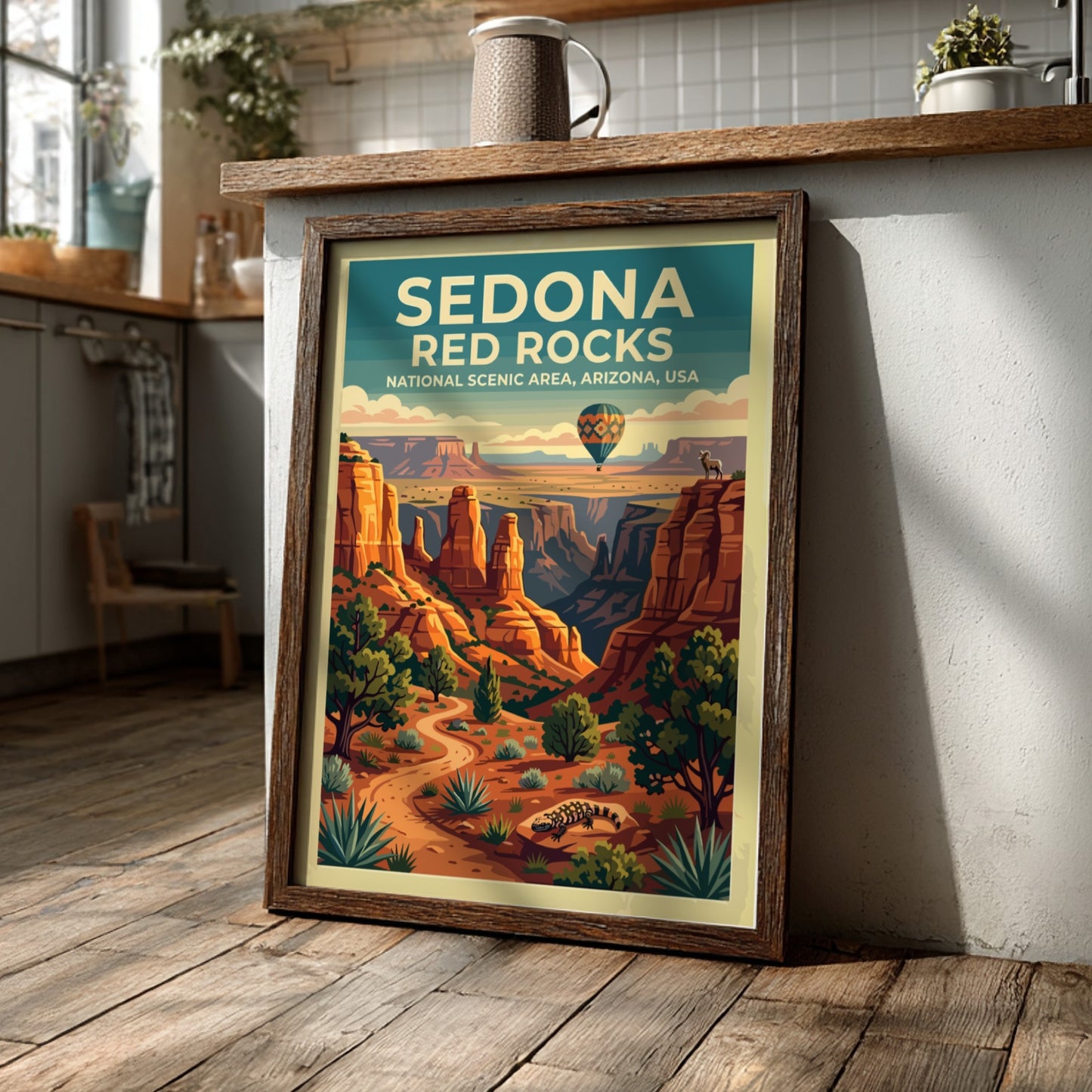 Travel poster featuring Sedona Red Rocks with a hot air balloon and desert landscape.