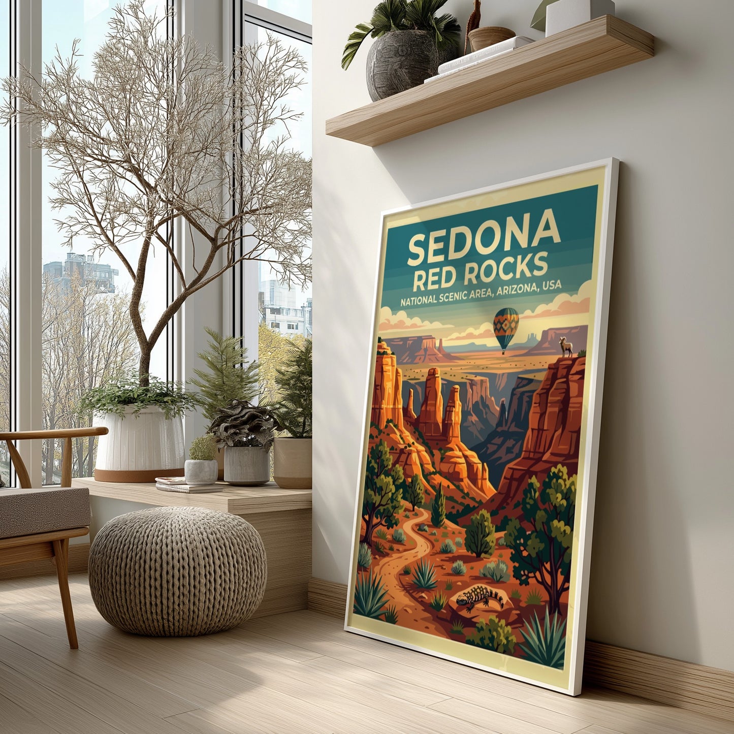 Travel poster featuring Sedona Red Rocks with a hot air balloon and desert landscape.