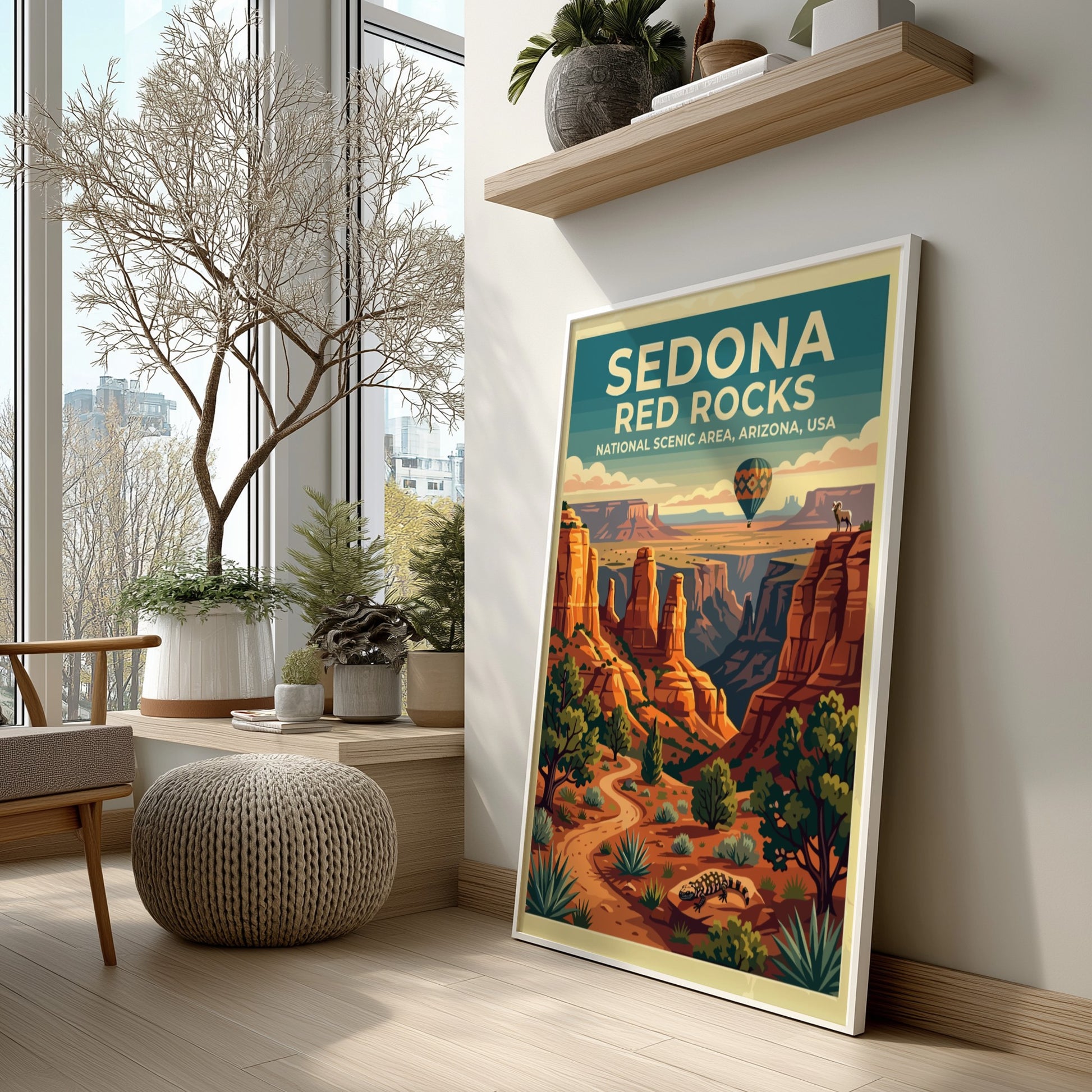 Travel poster featuring Sedona Red Rocks with a hot air balloon and desert landscape.