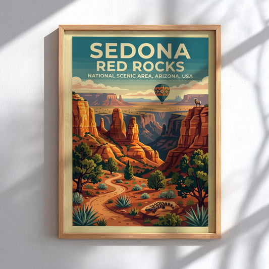 Travel poster featuring Sedona Red Rocks with a hot air balloon and desert landscape.