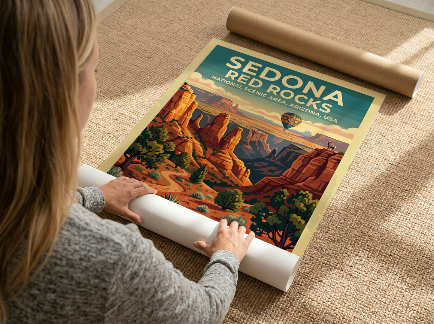 Travel poster featuring Sedona Red Rocks with a hot air balloon and desert landscape.