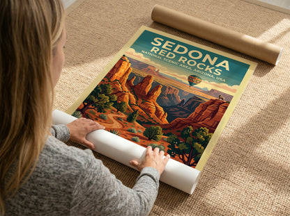 Travel poster featuring Sedona Red Rocks with a hot air balloon and desert landscape.