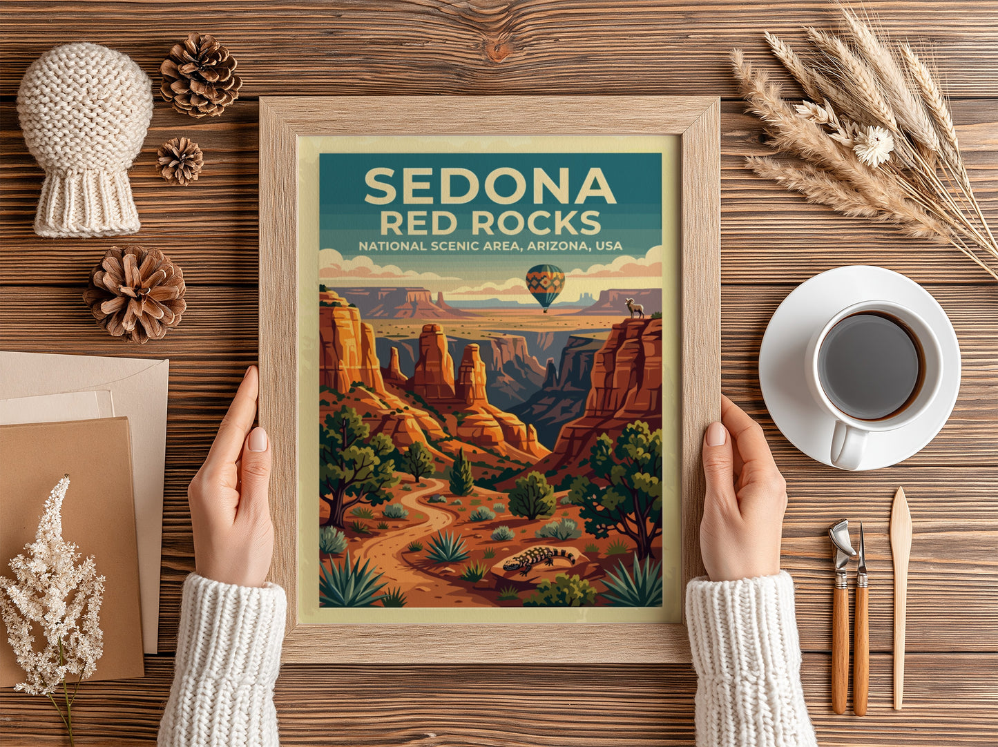 Travel poster featuring Sedona Red Rocks with a hot air balloon and desert landscape.
