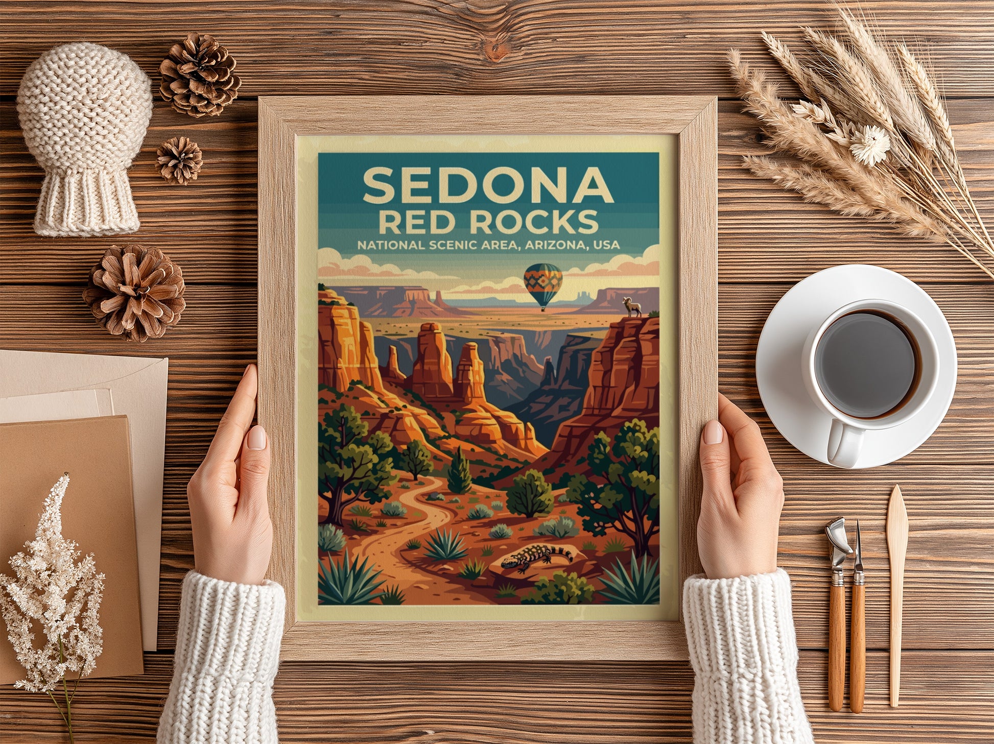 Travel poster featuring Sedona Red Rocks with a hot air balloon and desert landscape.