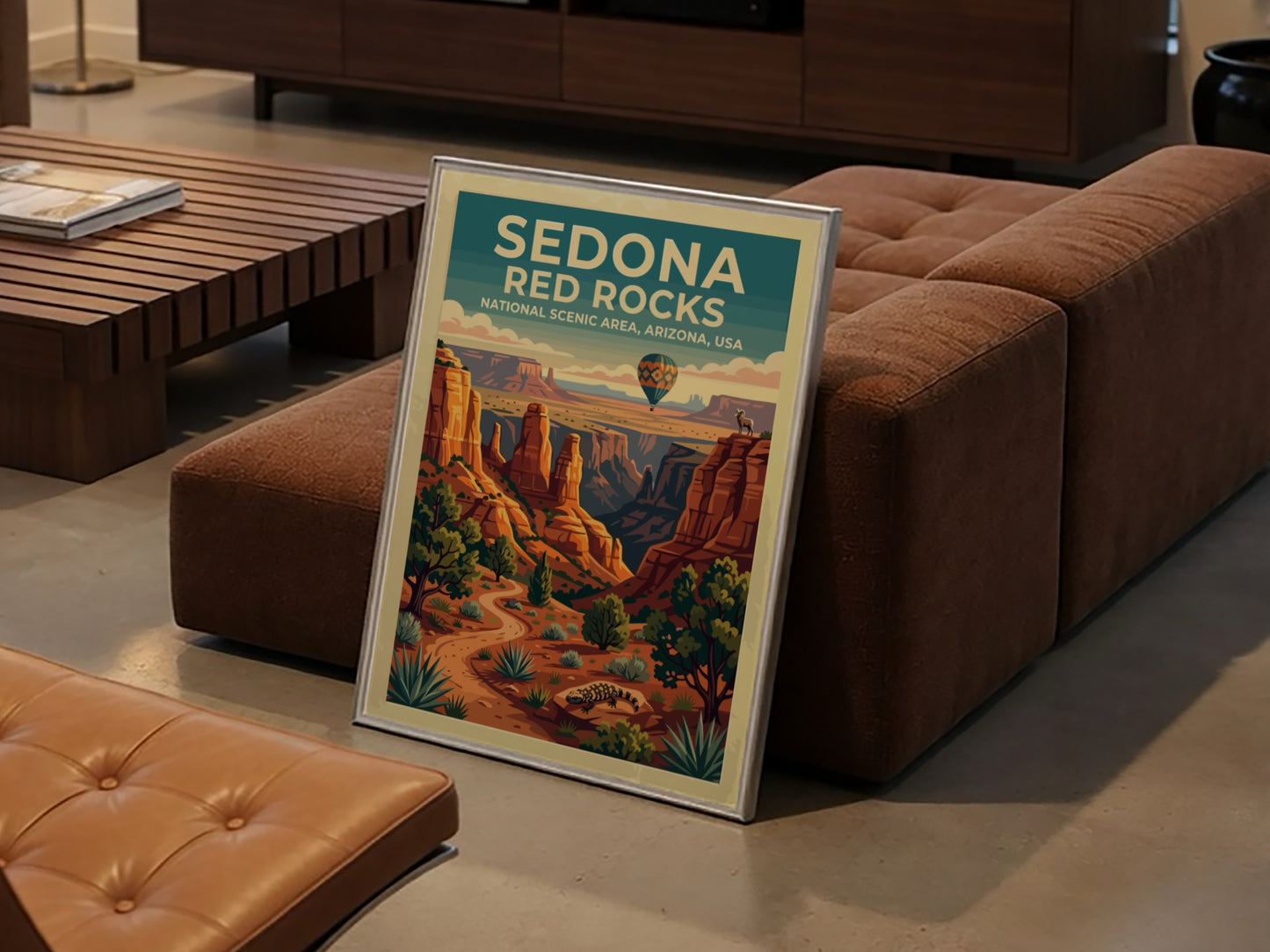 Travel poster featuring Sedona Red Rocks with a hot air balloon and desert landscape.