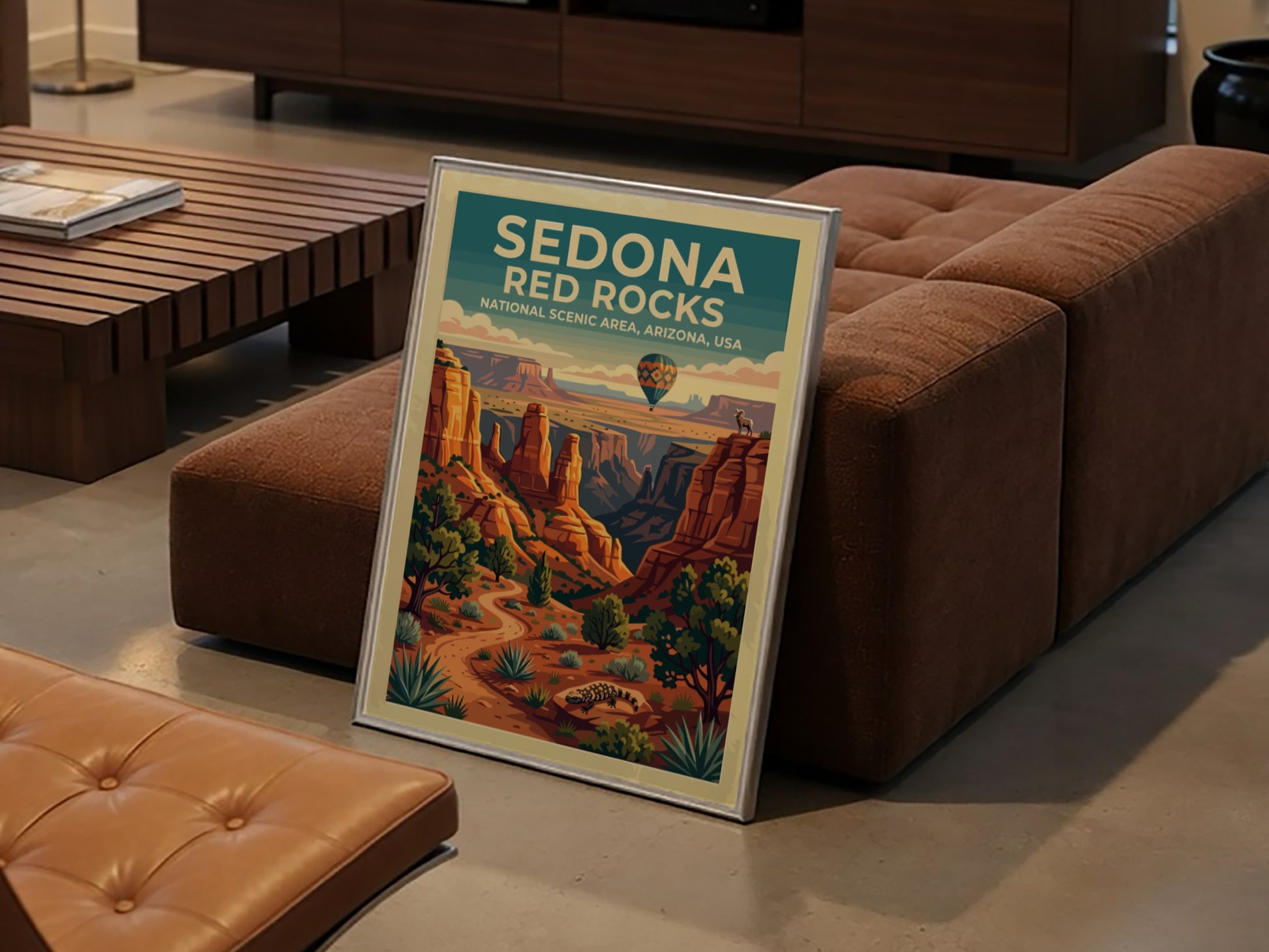 Travel poster featuring Sedona Red Rocks with a hot air balloon and desert landscape.