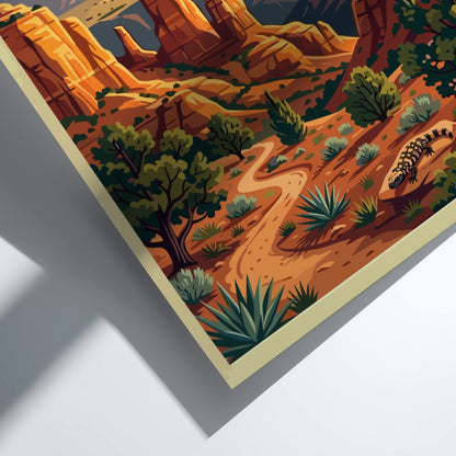 Travel poster featuring Sedona Red Rocks with a hot air balloon and desert landscape.