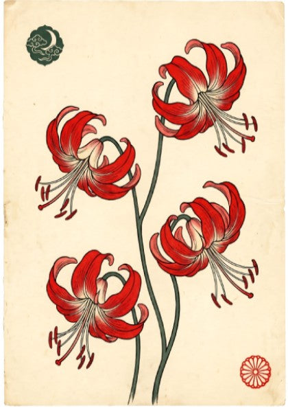 Japanese art style poster featuring red spider lilies with intricate details and vibrant colors