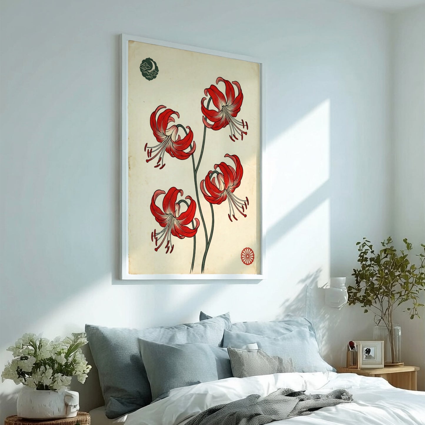 Japanese art style poster featuring red spider lilies with intricate details and vibrant colors