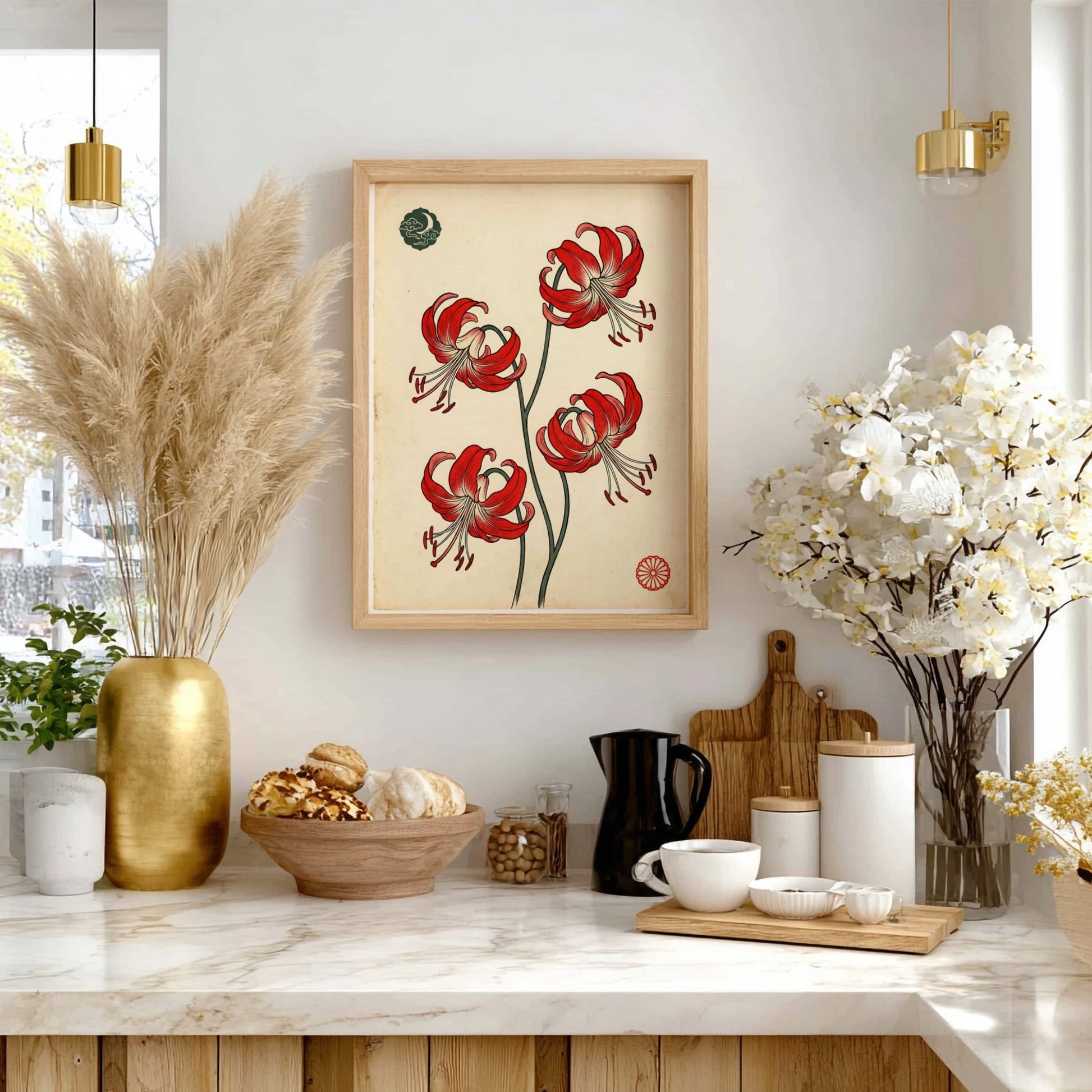 Japanese art style poster featuring red spider lilies with intricate details and vibrant colors
