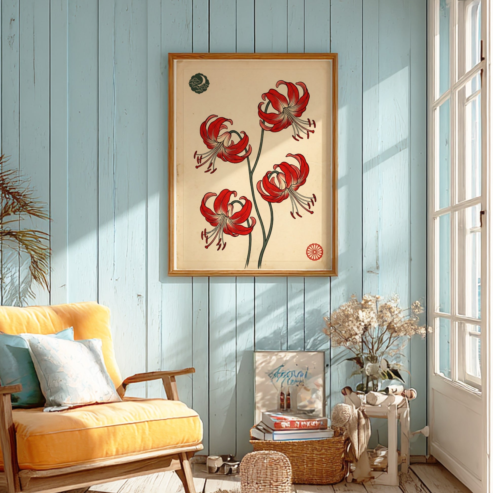 Japanese art style poster featuring red spider lilies with intricate details and vibrant colors