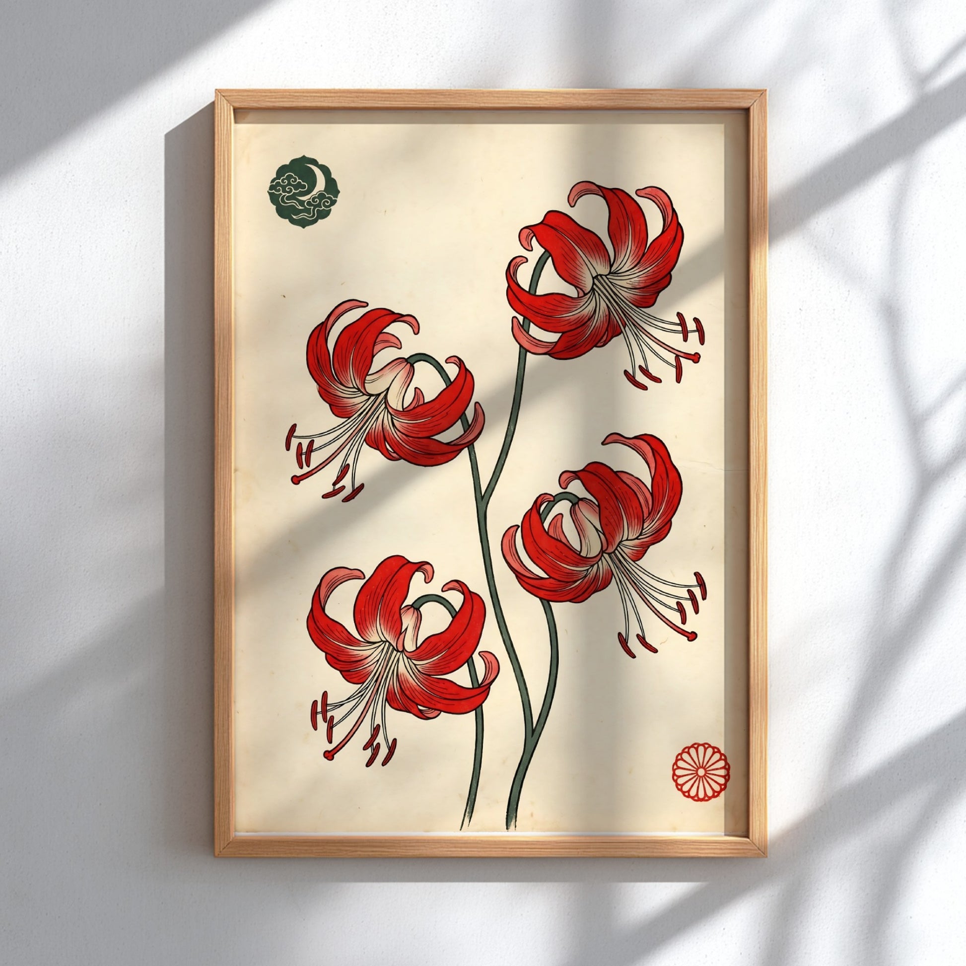 Japanese art style poster featuring red spider lilies with intricate details and vibrant colors