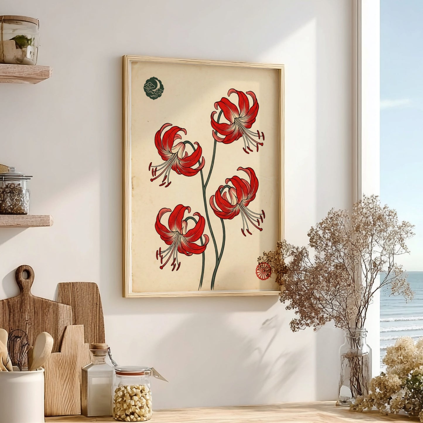 Japanese art style poster featuring red spider lilies with intricate details and vibrant colors