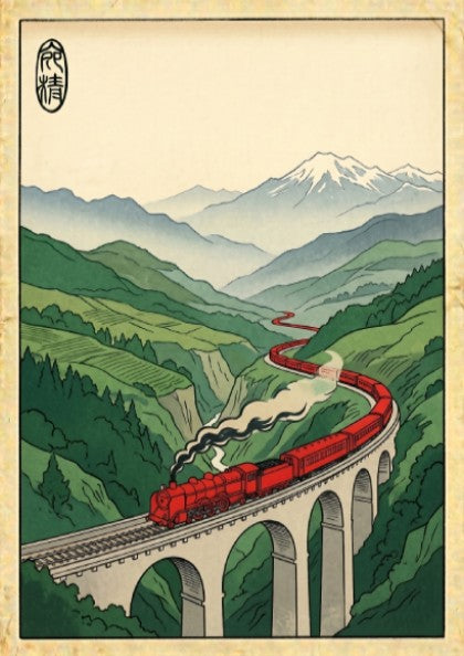 Red steam train poster featuring Japanese art style with vibrant colors and mountainous landscape
