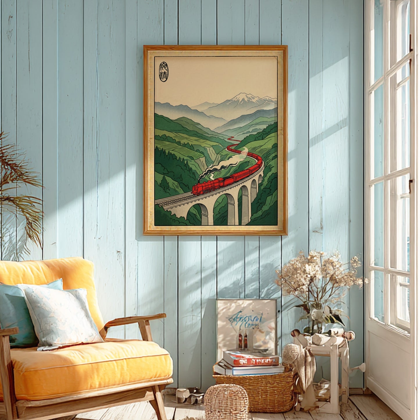 Red steam train poster featuring Japanese art style with vibrant colors and mountainous landscape
