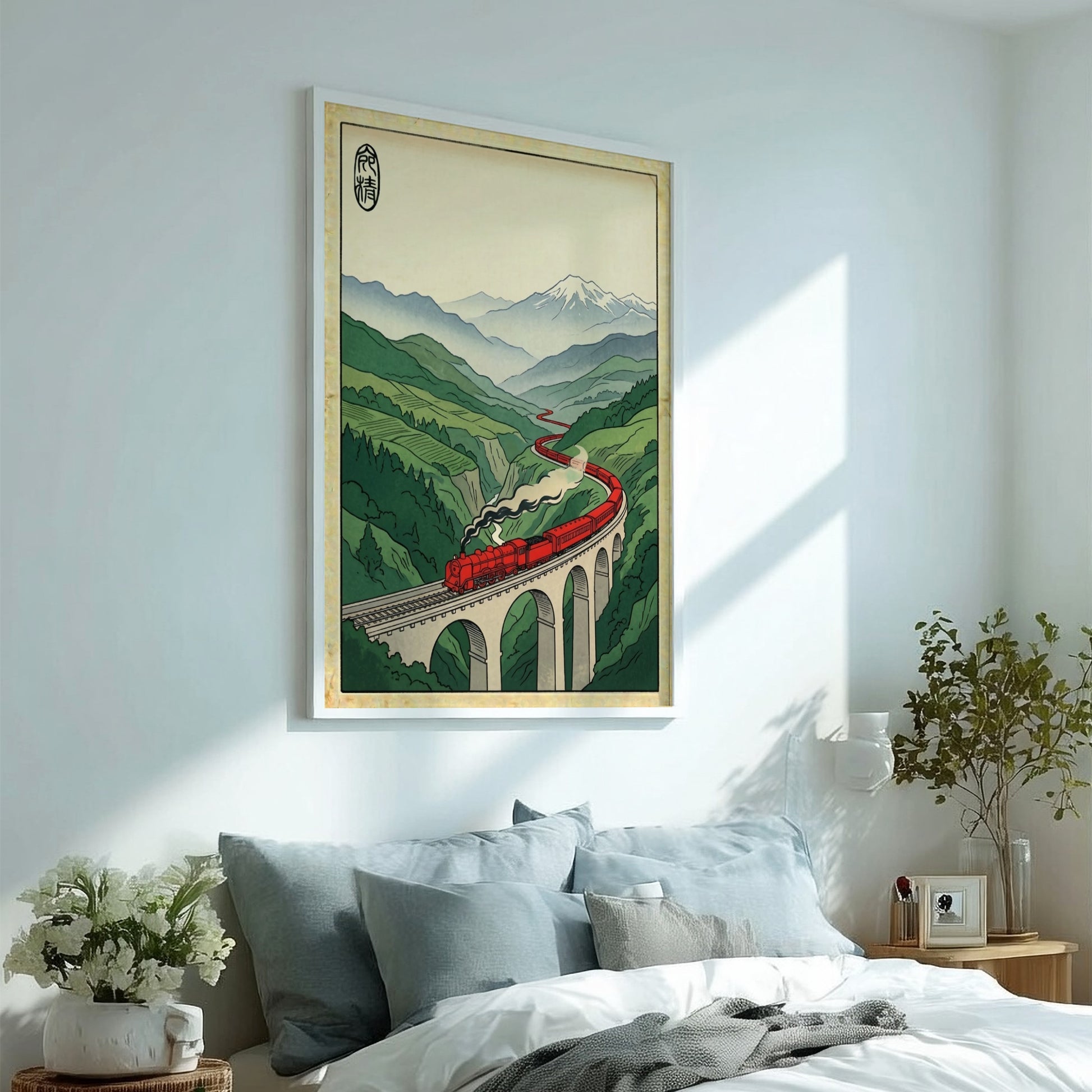 Red steam train poster featuring Japanese art style with vibrant colors and mountainous landscape