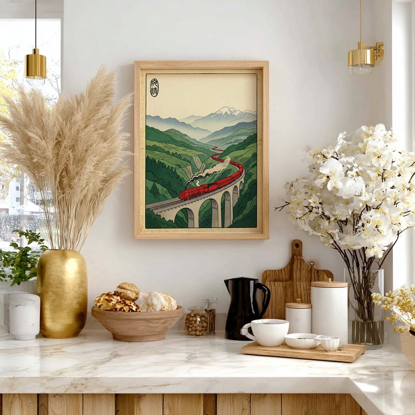 Red steam train poster featuring Japanese art style with vibrant colors and mountainous landscape
