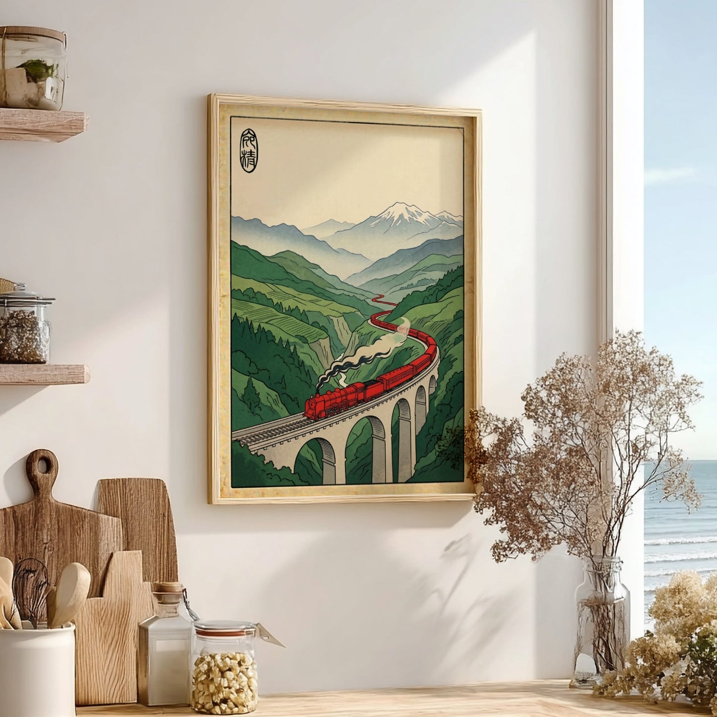 Red steam train poster featuring Japanese art style with vibrant colors and mountainous landscape