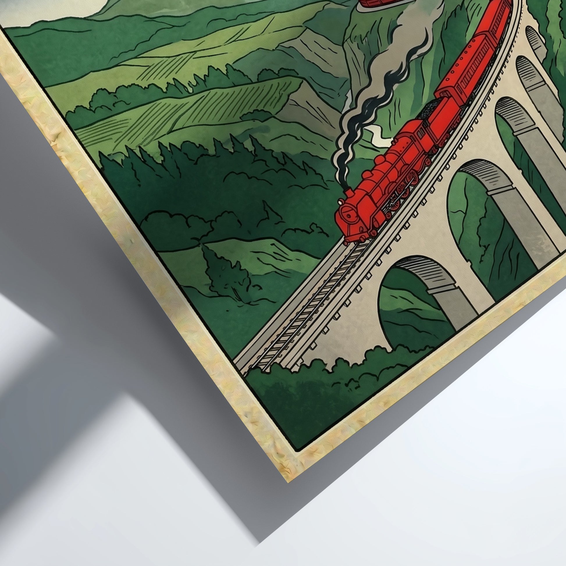 Red steam train poster featuring Japanese art style with vibrant colors and mountainous landscape