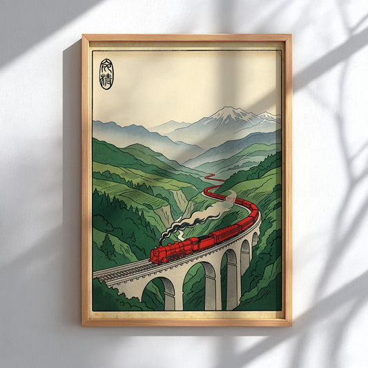 Red steam train poster featuring Japanese art style with vibrant colors and mountainous landscape