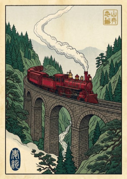 Red Train Viaduct poster featuring a vibrant red steam locomotive in Japanese art style