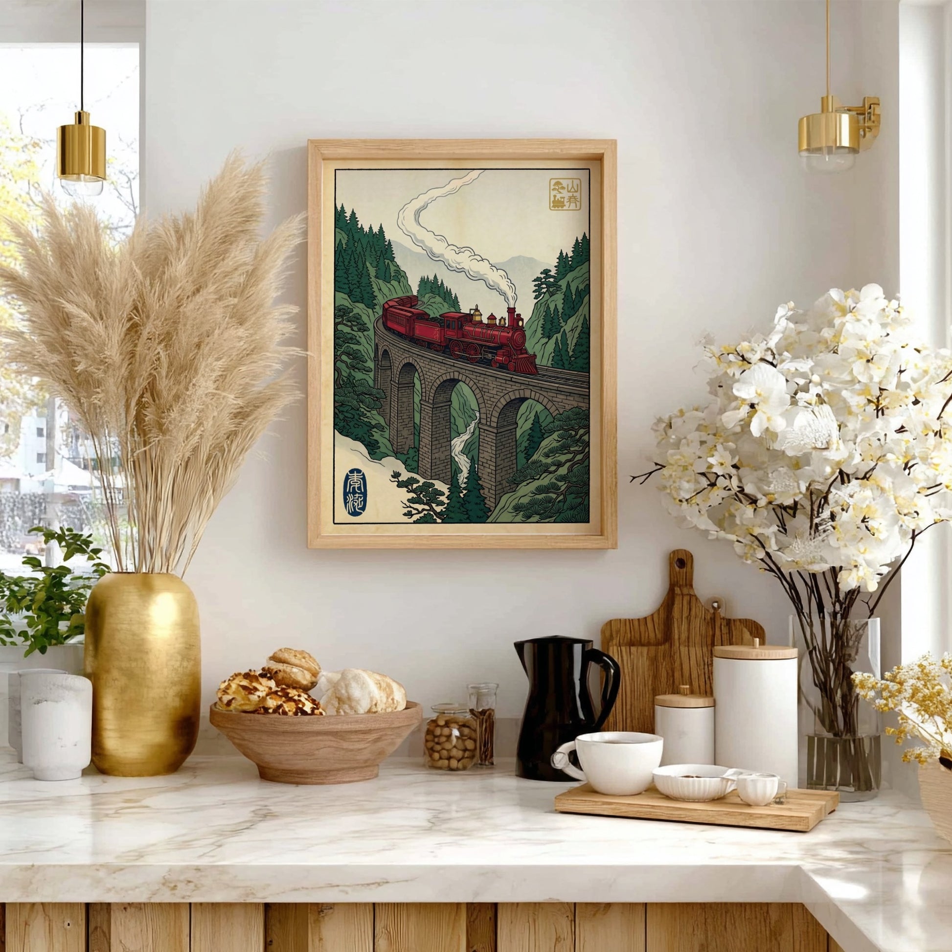 Red Train Viaduct poster featuring a vibrant red steam locomotive in Japanese art style