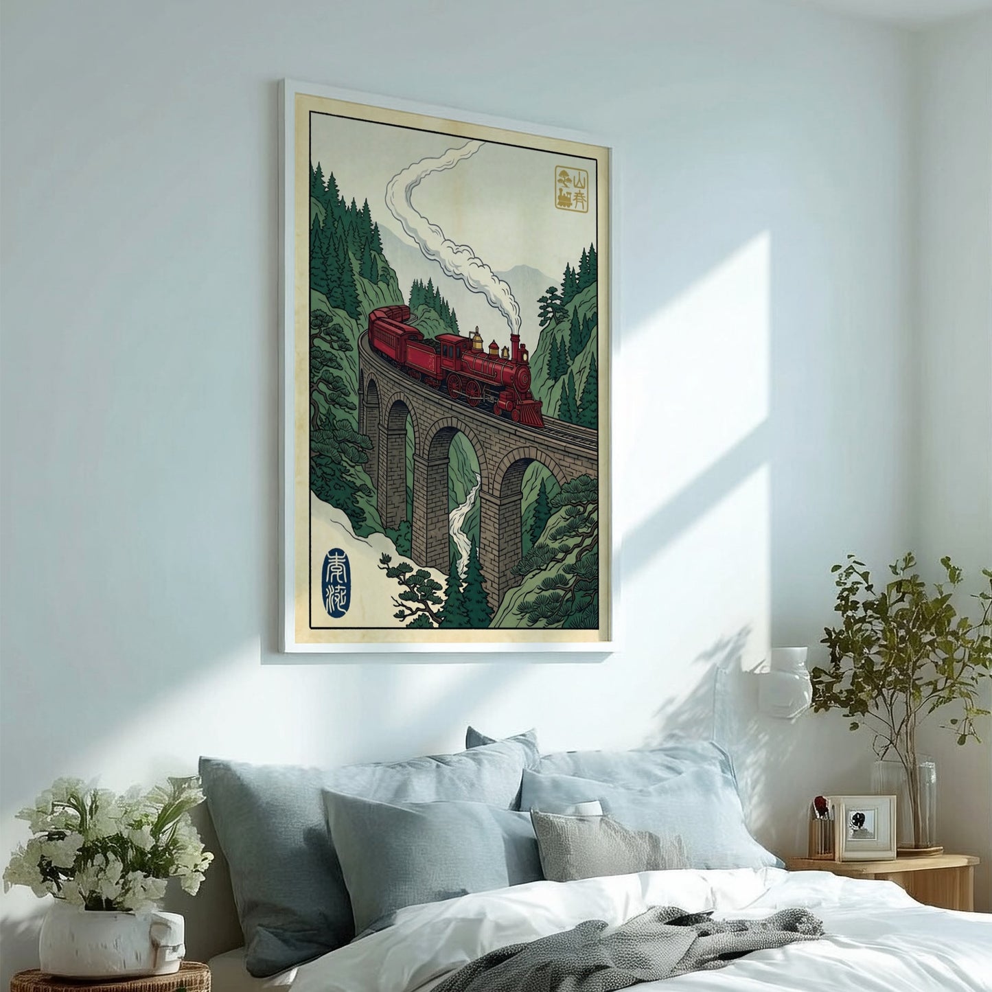 Red Train Viaduct poster featuring a vibrant red steam locomotive in Japanese art style