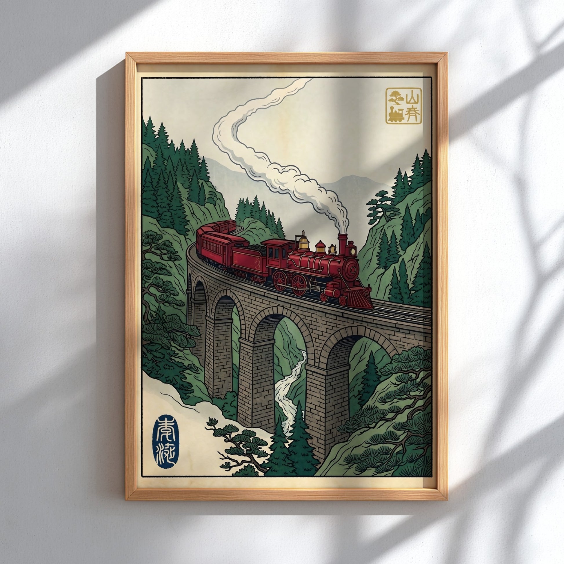 Red Train Viaduct poster featuring a vibrant red steam locomotive in Japanese art style