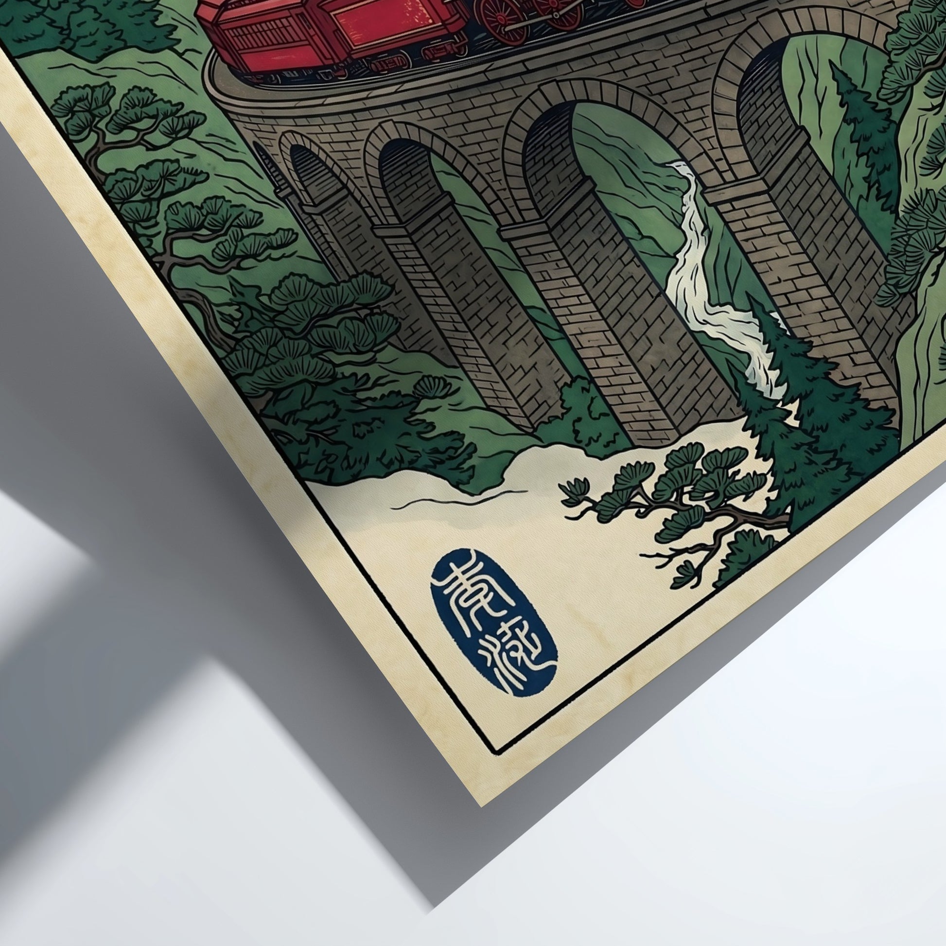 Red Train Viaduct poster featuring a vibrant red steam locomotive in Japanese art style