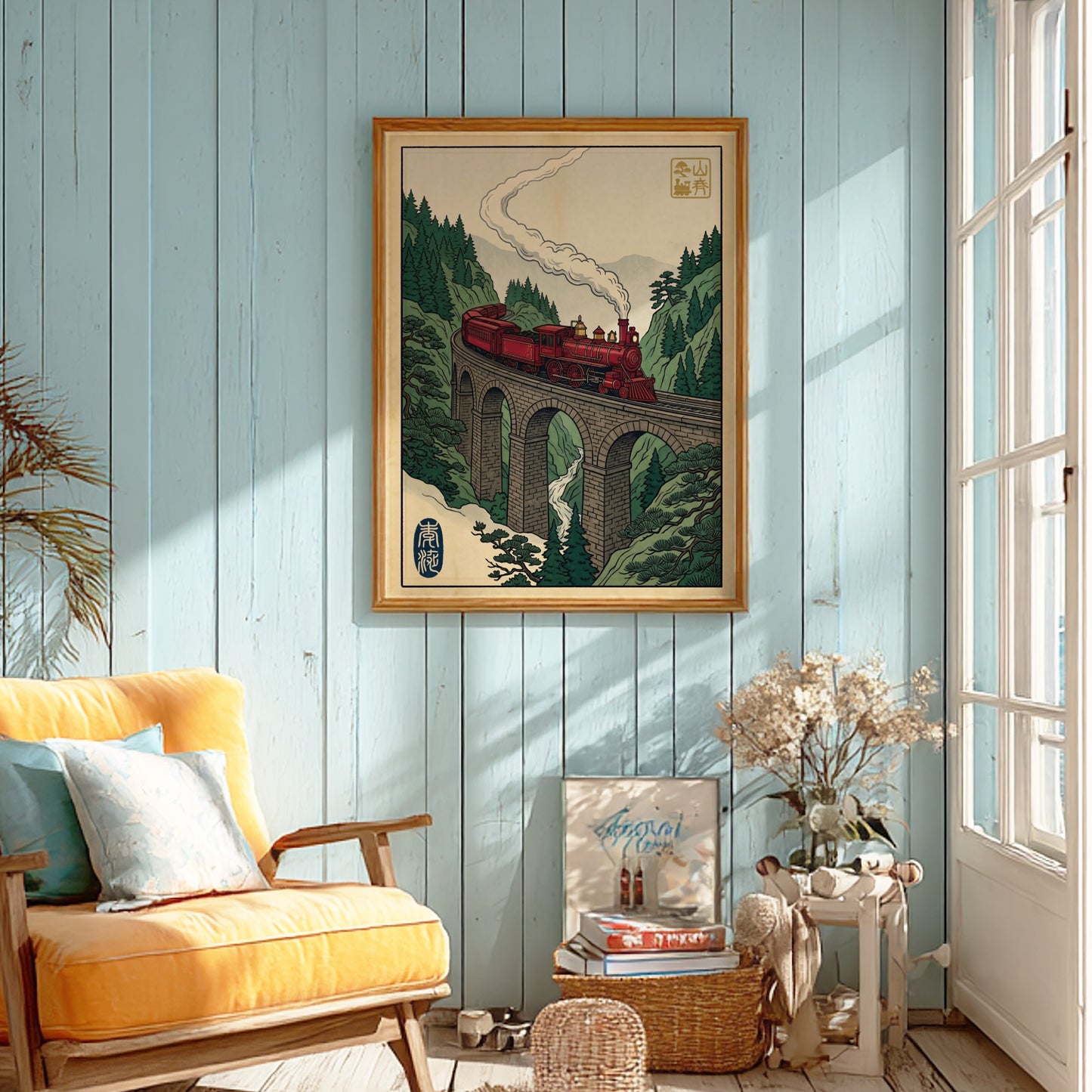 Red Train Viaduct poster featuring a vibrant red steam locomotive in Japanese art style