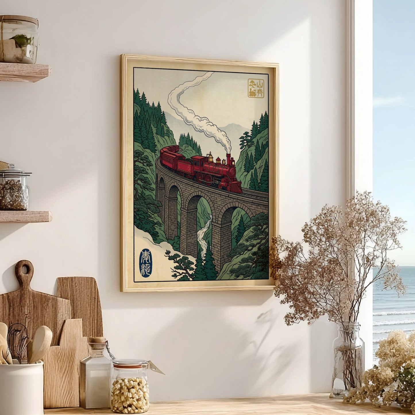 Red Train Viaduct poster featuring a vibrant red steam locomotive in Japanese art style
