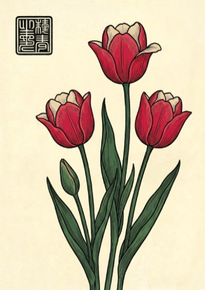 Japanese art style poster featuring red tulips and green leaves