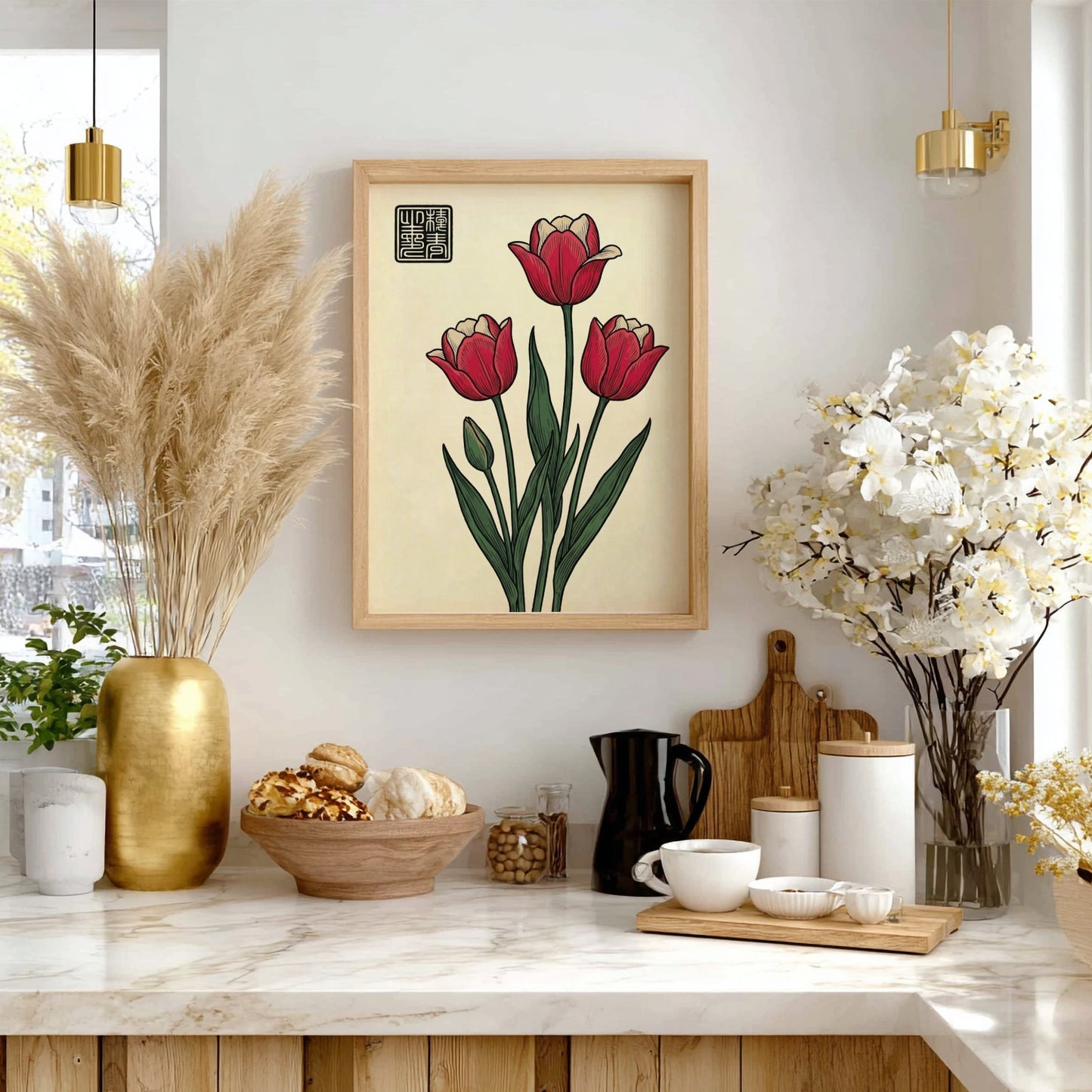 Japanese art style poster featuring red tulips and green leaves