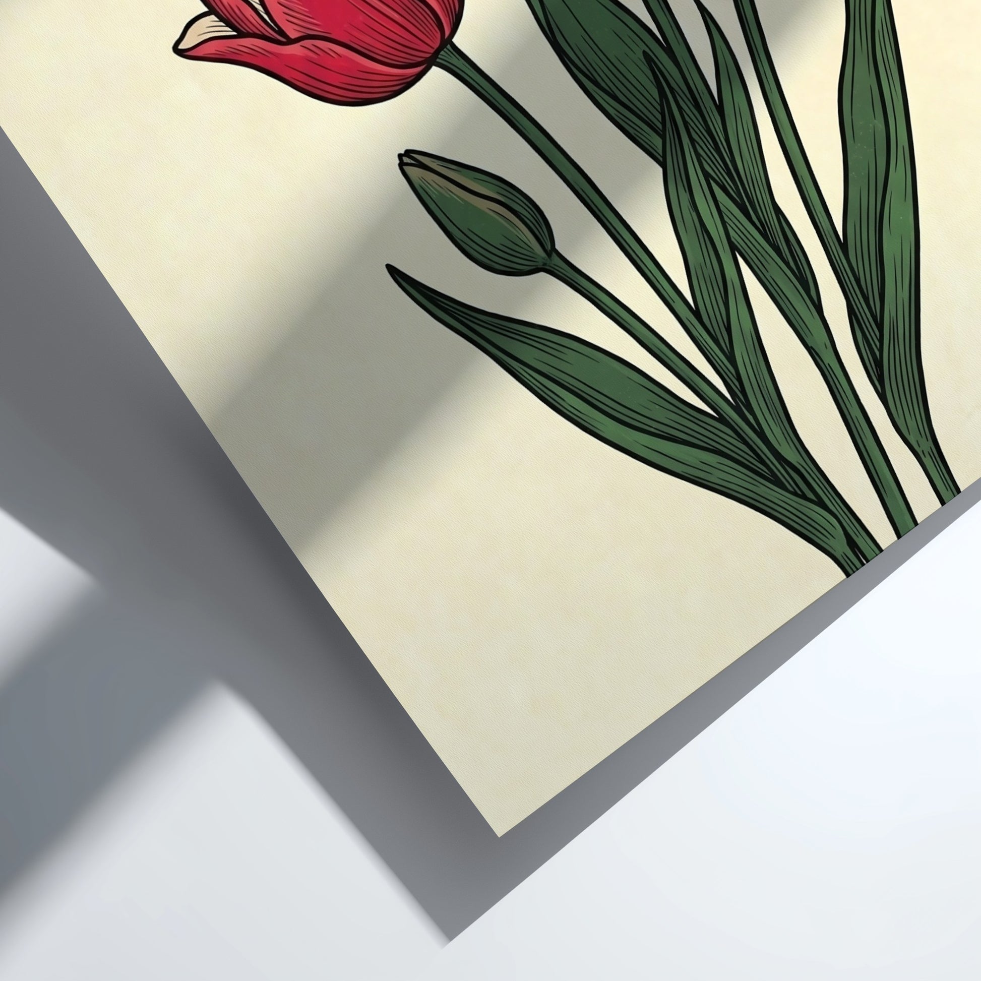 Japanese art style poster featuring red tulips and green leaves