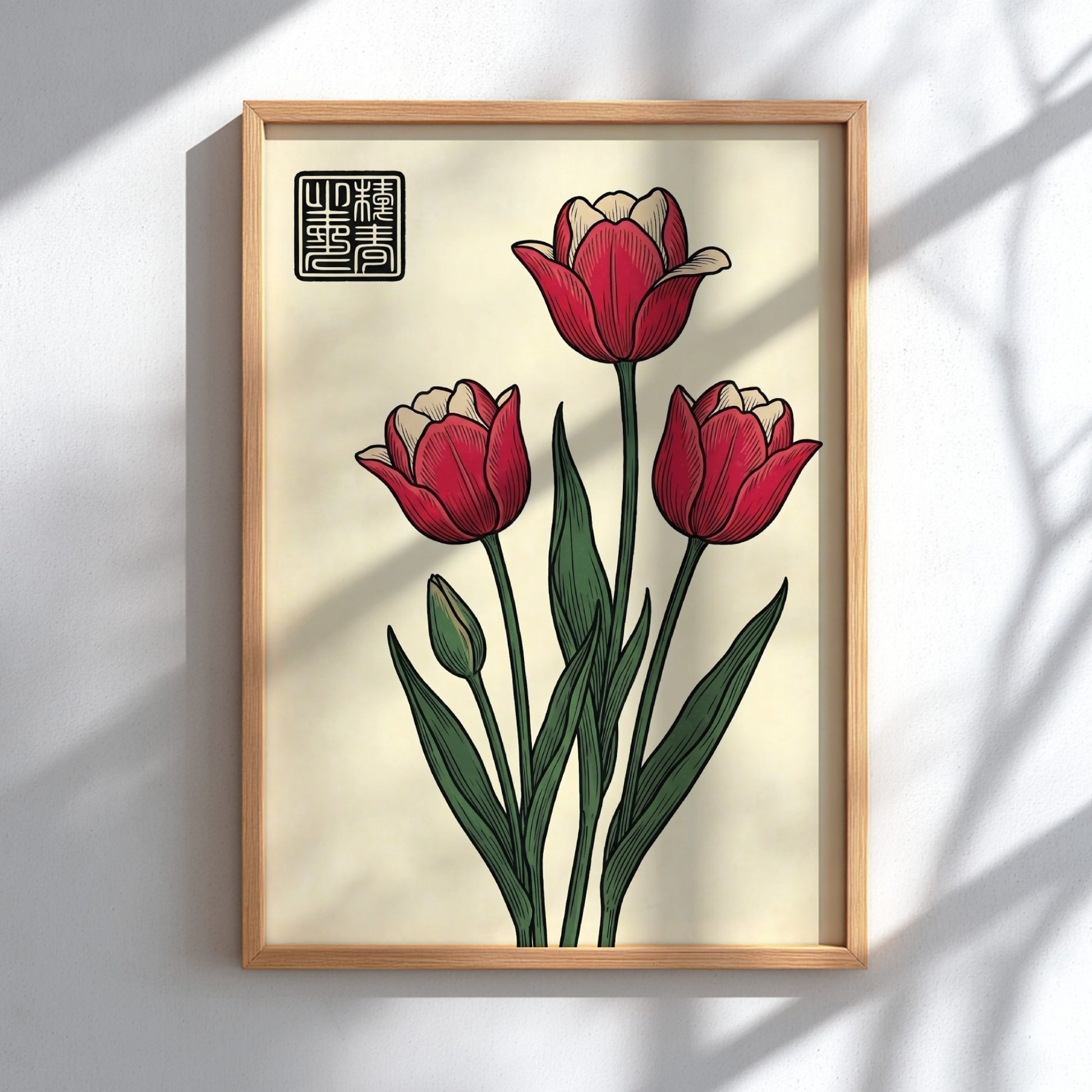 Japanese art style poster featuring red tulips and green leaves