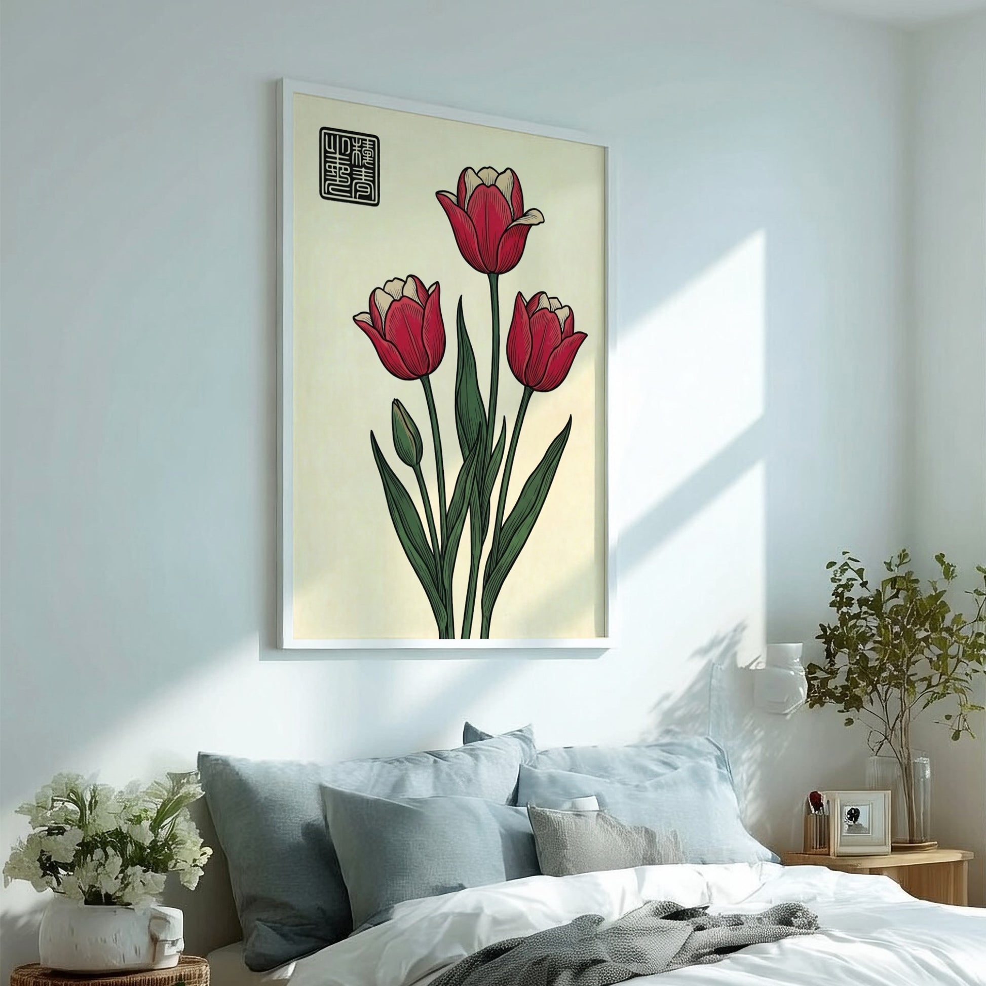 Japanese art style poster featuring red tulips and green leaves