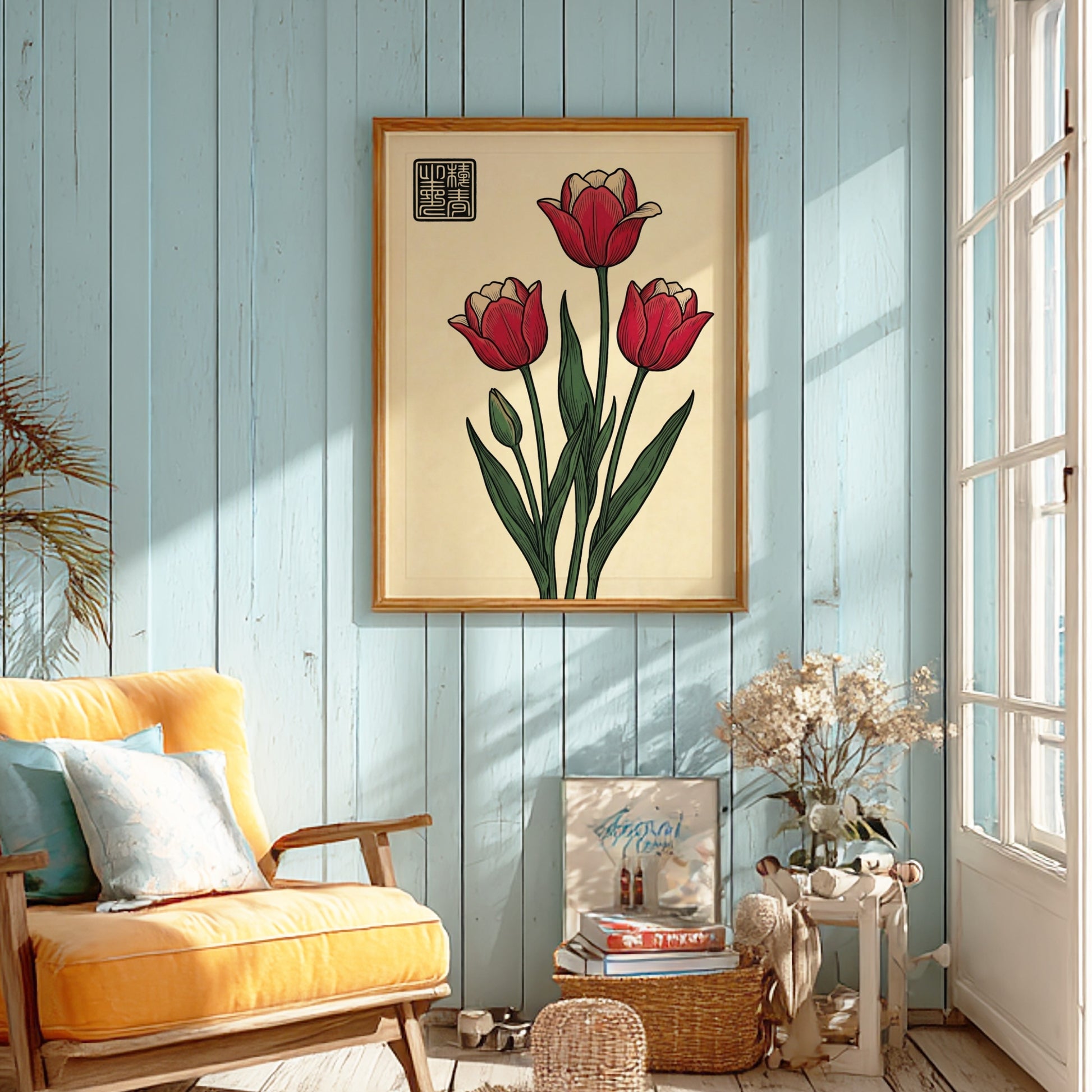 Japanese art style poster featuring red tulips and green leaves